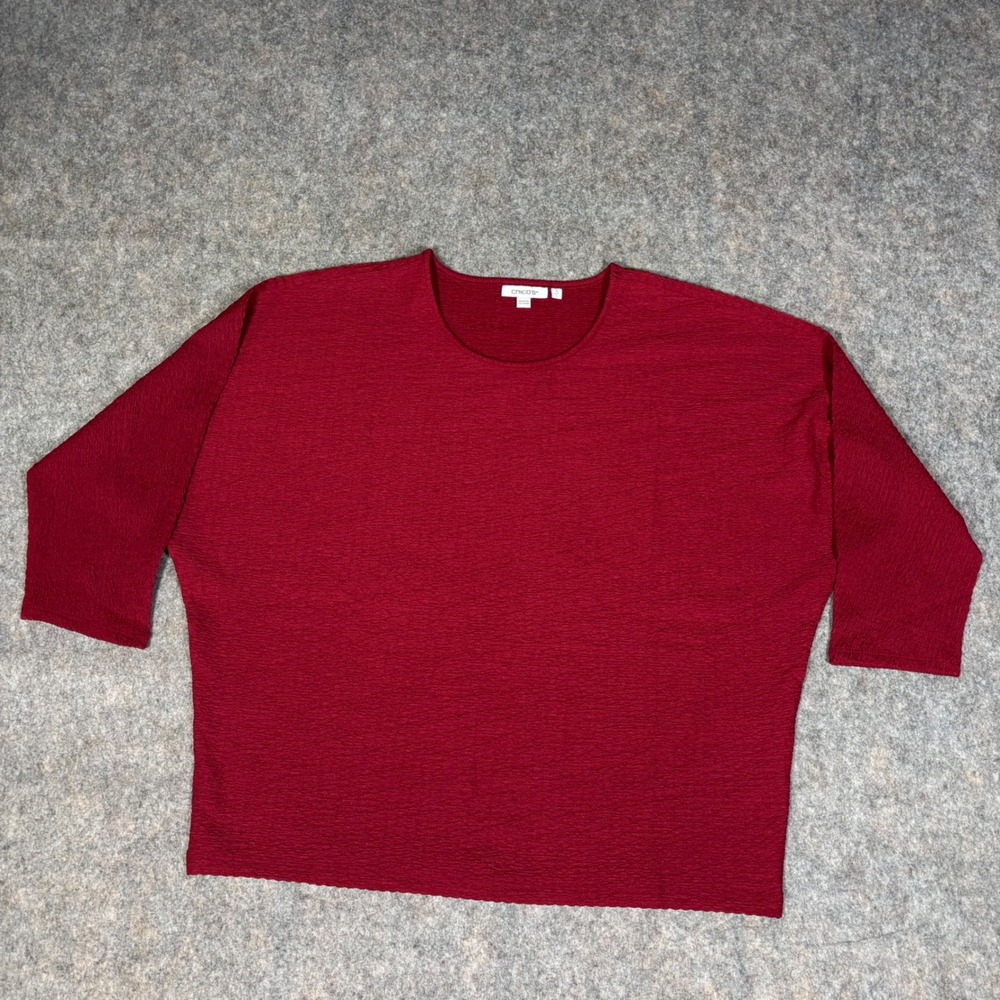 Chico's Textured Dolman Top‎ Womens Size 2 L Red Crinkle 3/4 Sleeve Round Neck